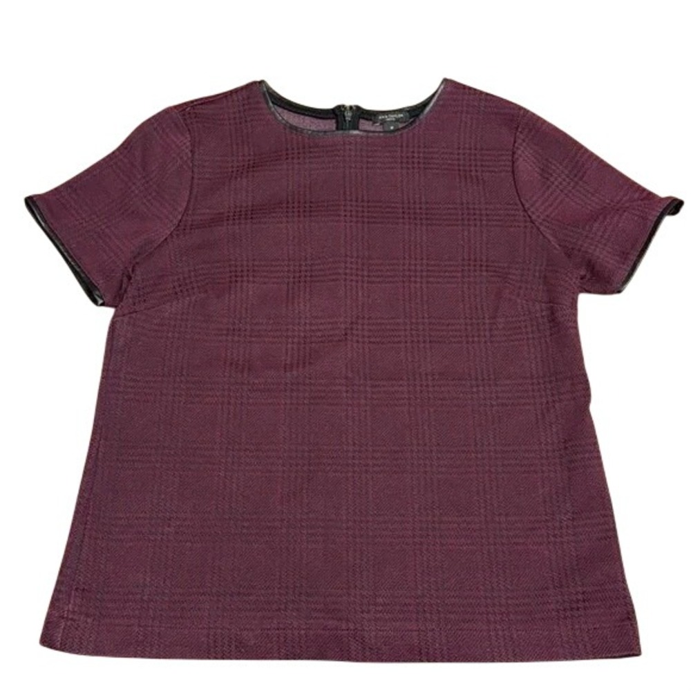 Ann Taylor Petite Burgundy Glen Plaid Blouse Faux Leather Trim Short Sleeve SP